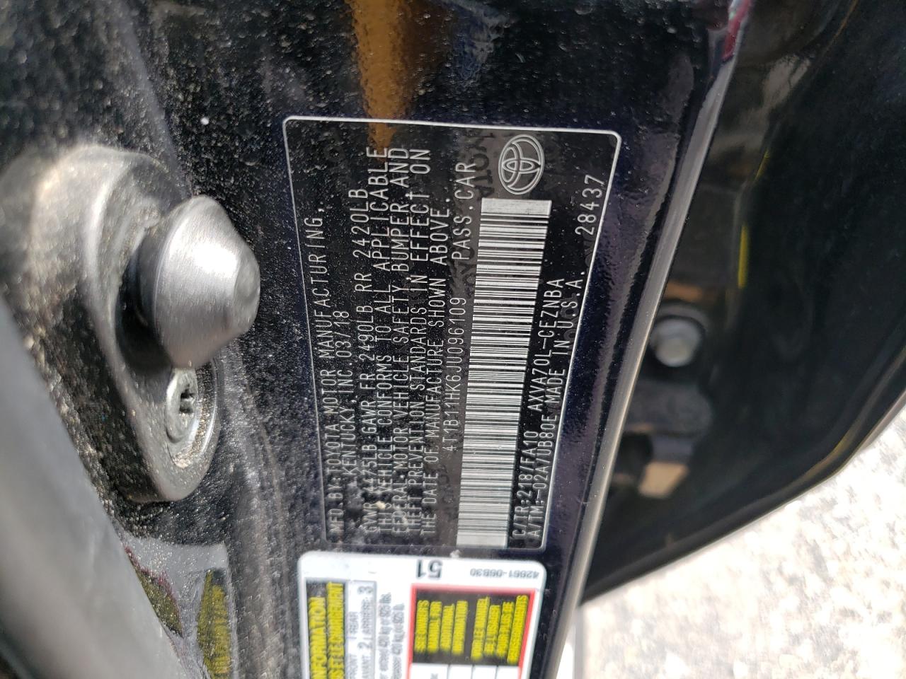 2018 Toyota Camry L VIN: 4T1B11HK6JU096109 Lot: 63012595