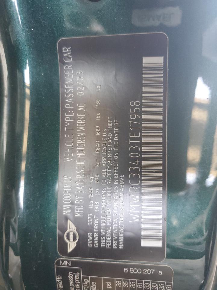 2003 Mini Cooper VIN: WMWRC33403TE17958 Lot: 61500055