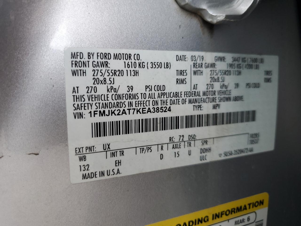 2019 Ford Expedition Max Limited VIN: 1FMJK2AT7KEA38524 Lot: 61133475