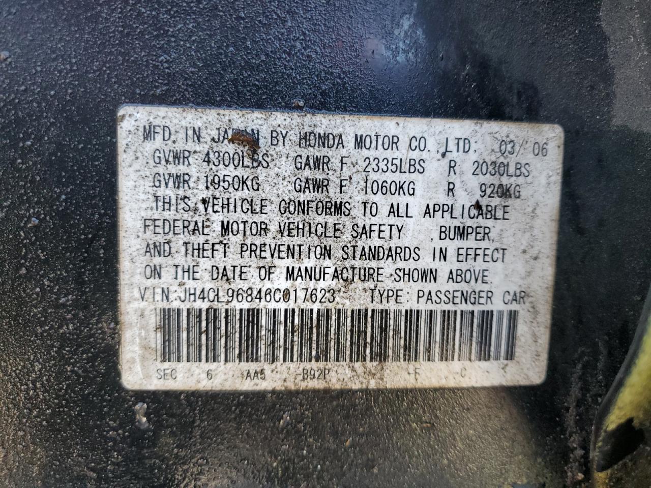 2006 Acura Tsx VIN: JH4CL96846C017623 Lot: 62687355