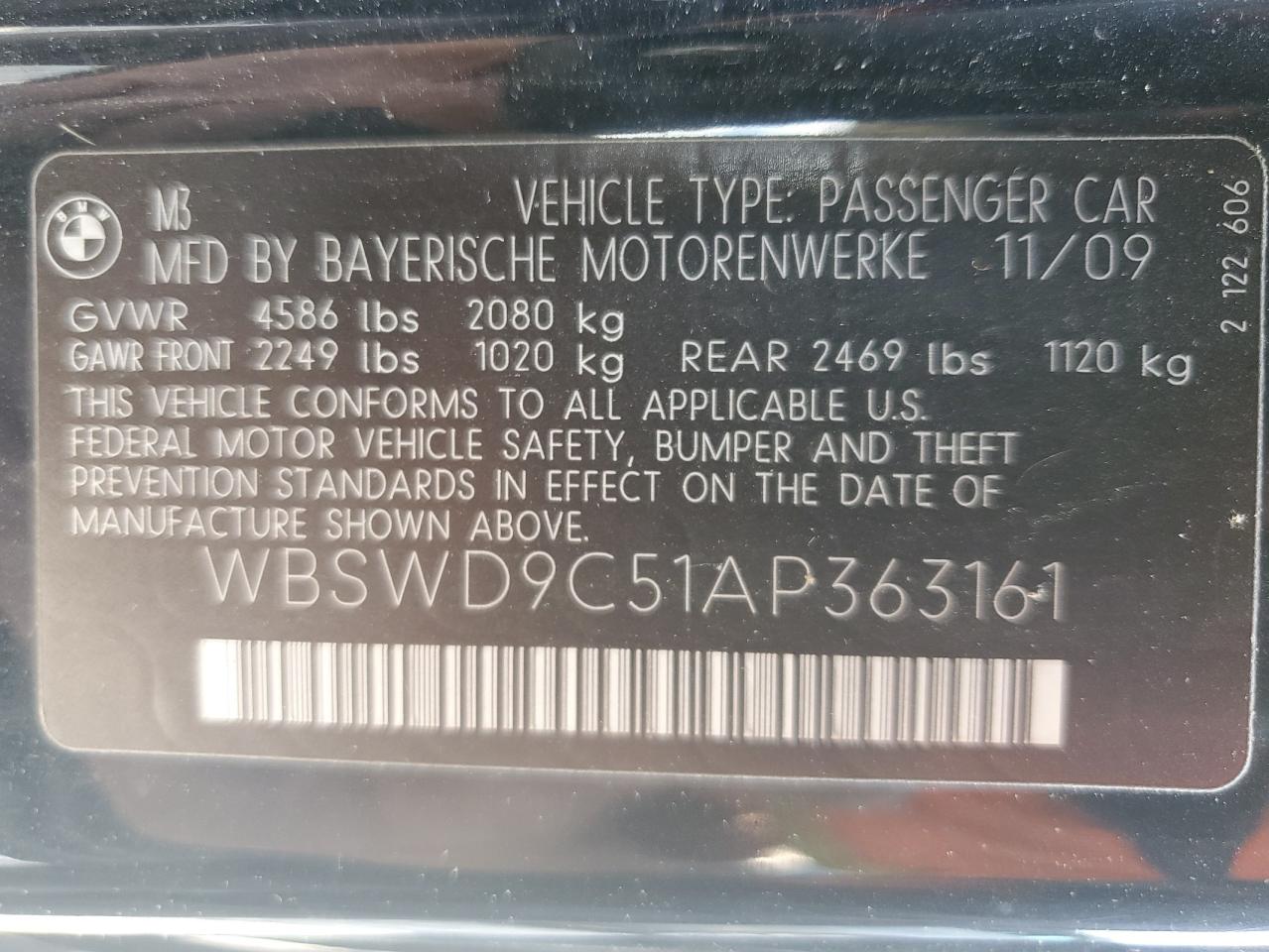 2010 BMW M3 VIN: WBSWD9C51AP363161 Lot: 62230795