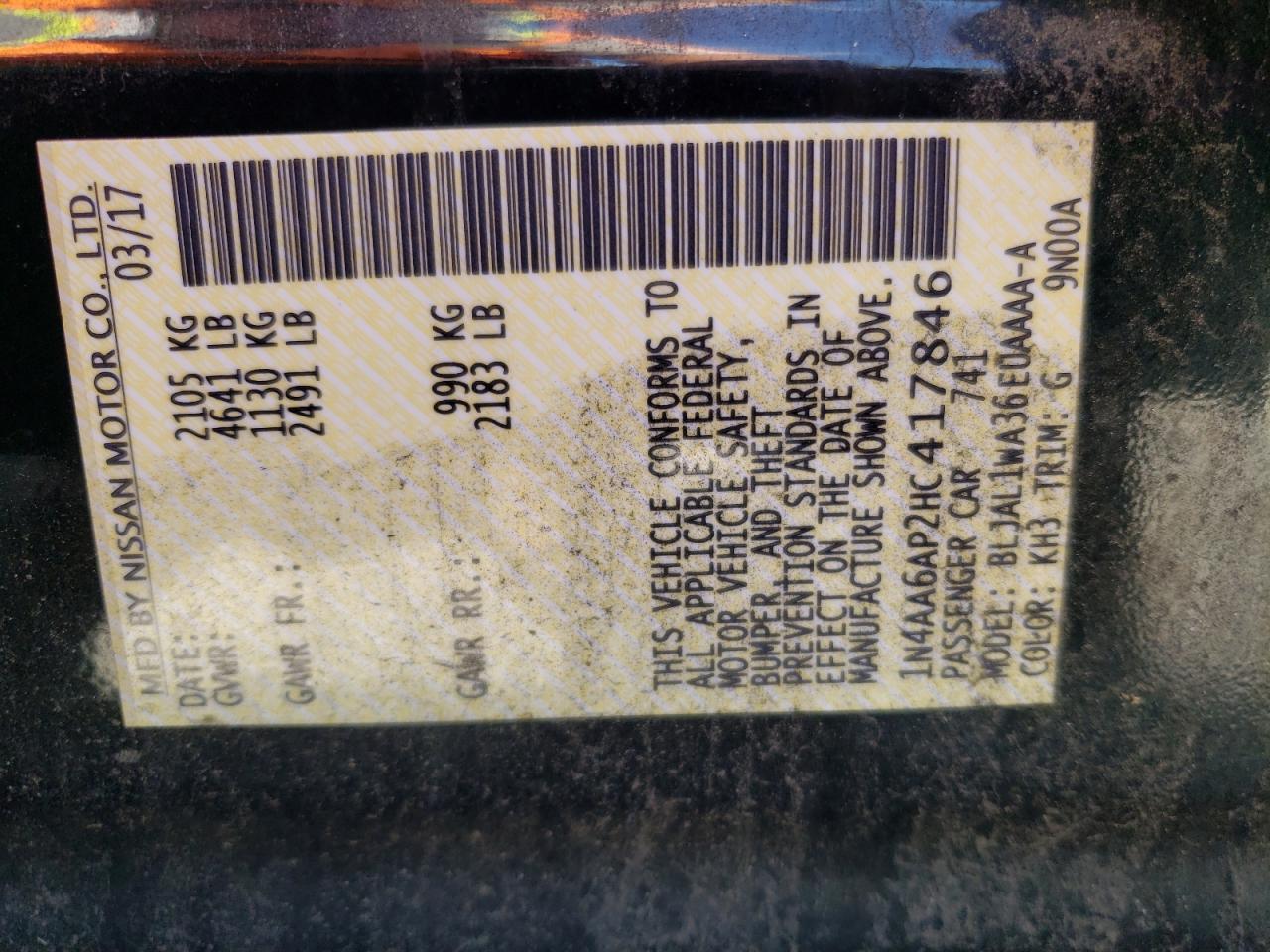 2017 Nissan Maxima 3.5S VIN: 1N4AA6AP2HC417846 Lot: 61262075