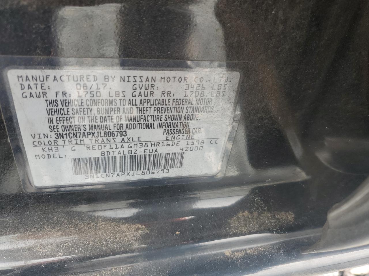 2018 Nissan Versa S VIN: 3N1CN7APXJL806793 Lot: 62007875