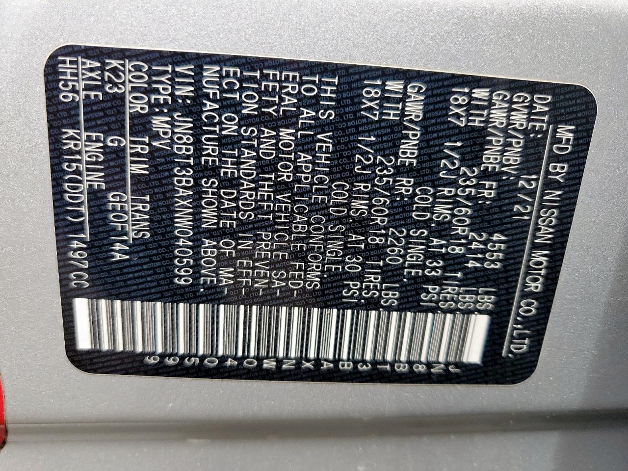 2022 Nissan Rogue Sv VIN: JN8BT3BAXNW040599 Lot: 62154625