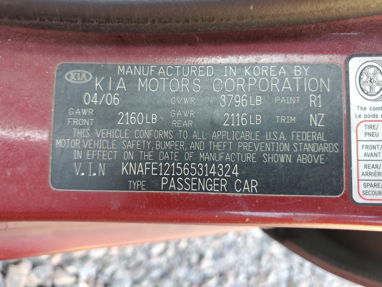 2006 Kia Spectra Lx VIN: KNAFE121565314324 Lot: 62158485
