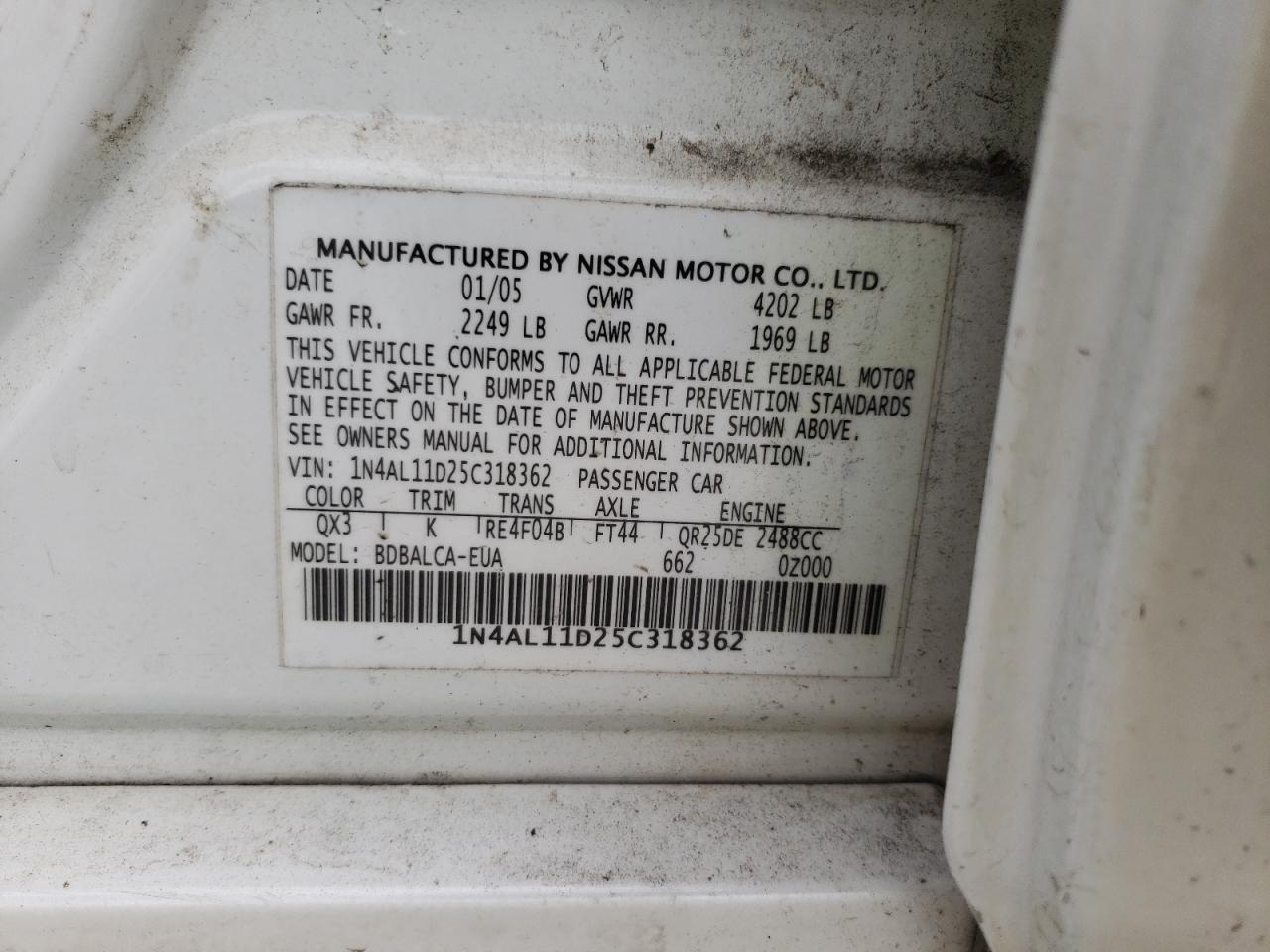 2005 Nissan Altima S VIN: 1N4AL11D25C318362 Lot: 61276645