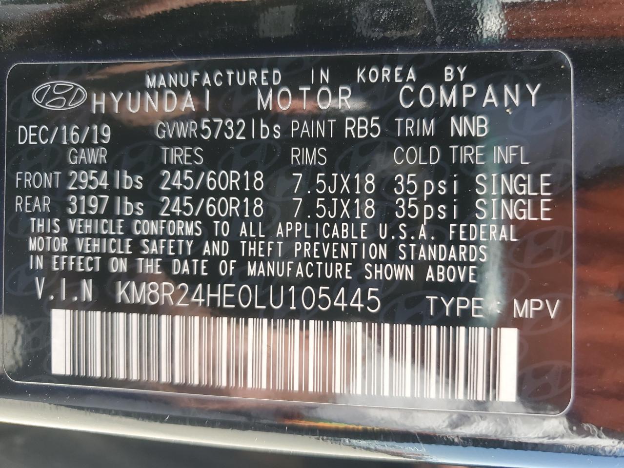2020 Hyundai Palisade Sel VIN: KM8R24HE0LU105445 Lot: 62517885