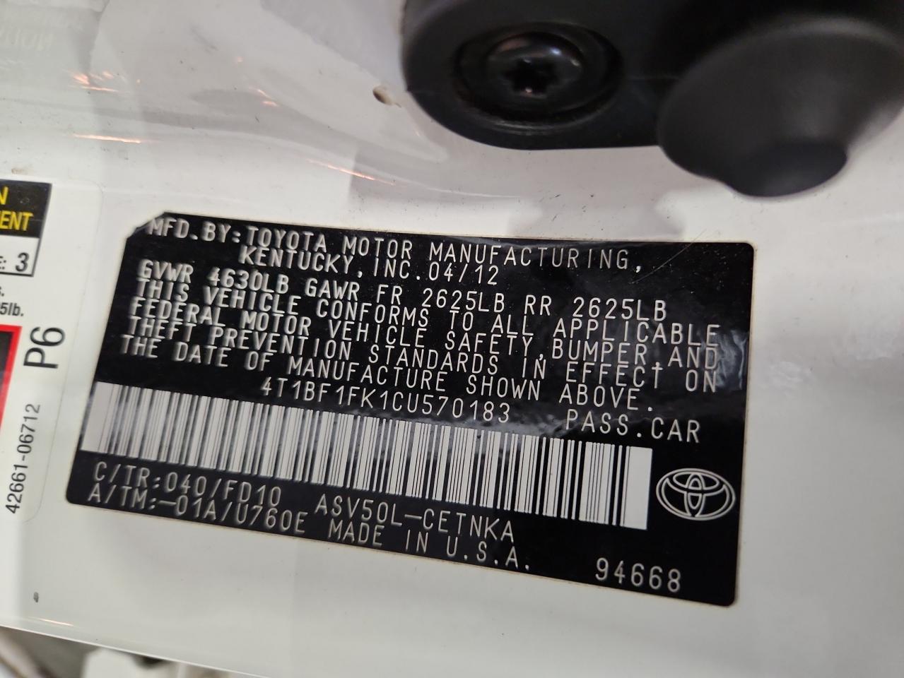 2012 Toyota Camry Base VIN: 4T1BF1FK1CU570183 Lot: 62838955
