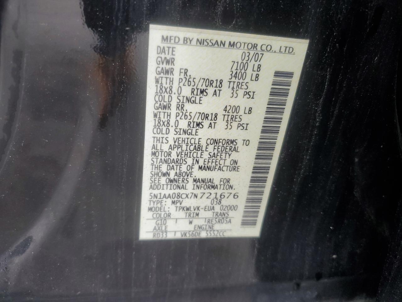 2007 Nissan Armada Se VIN: 5N1AA08CX7N721676 Lot: 57457055