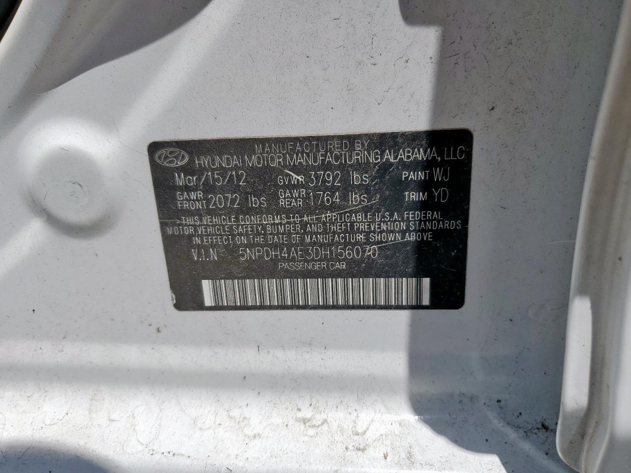 2013 Hyundai Elantra Gls VIN: 5NPDH4AE3DH156070 Lot: 60709605