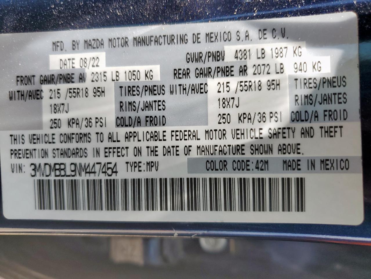 2022 Mazda Cx-30 Select VIN: 3MVDMBBL9NM447454 Lot: 61384535