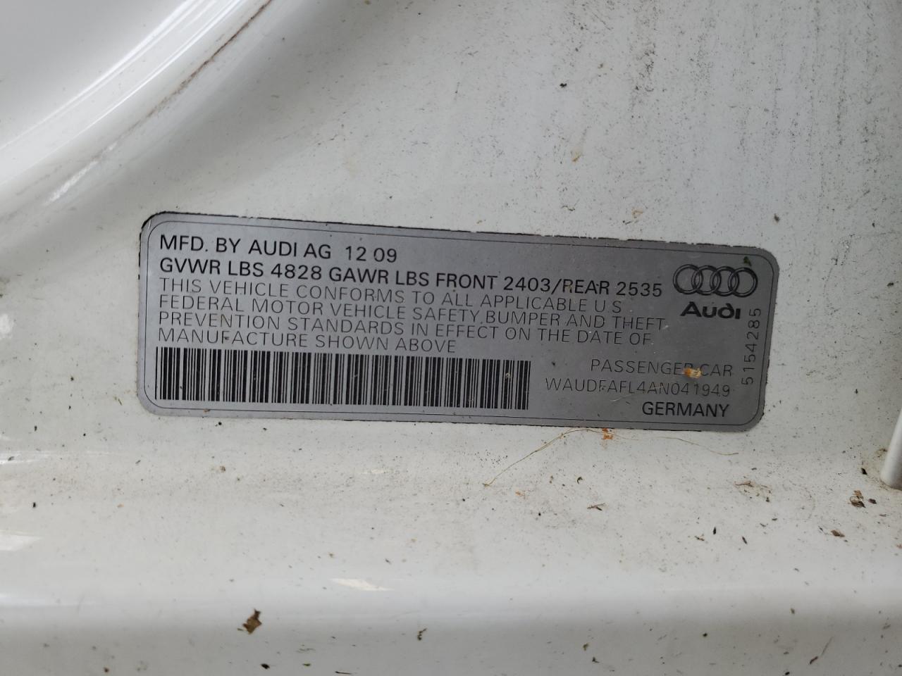 2010 Audi A4 Premium VIN: WAUDFAFL4AN041949 Lot: 61742835