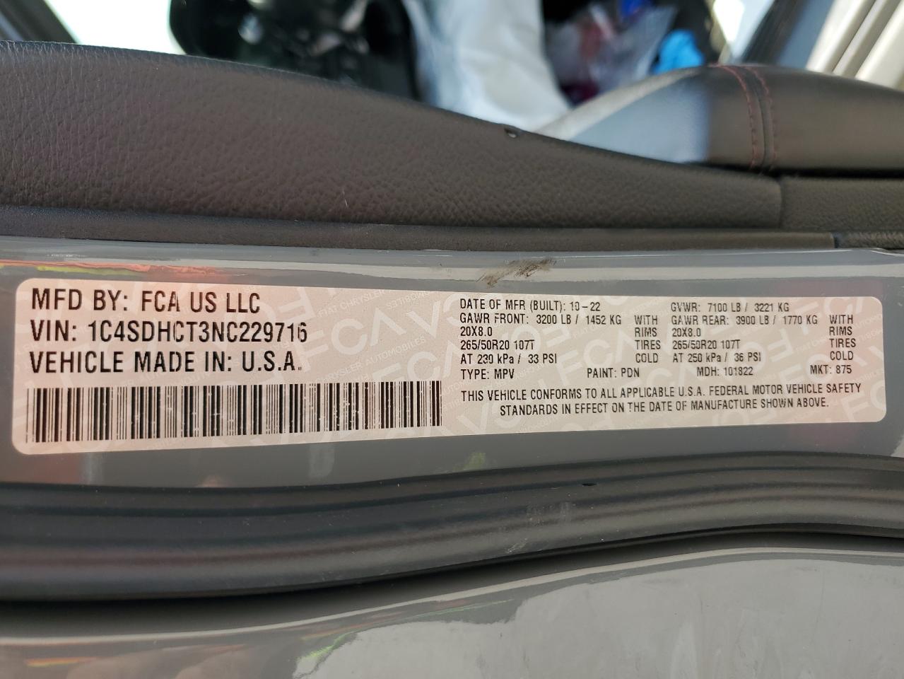 2022 Dodge Durango R/T VIN: 1C4SDHCT3NC229716 Lot: 58078035