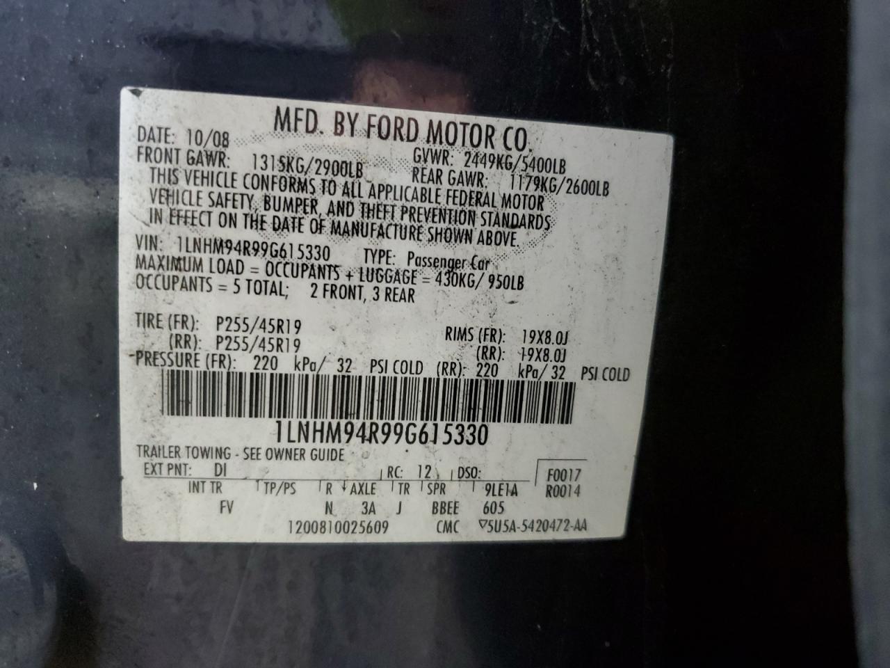 2009 Lincoln Mks VIN: 1LNHM94R99G615330 Lot: 62356675