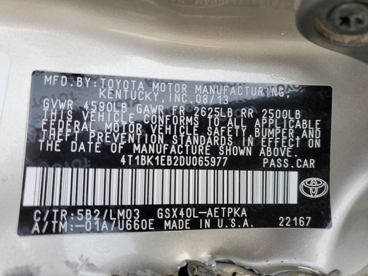 2013 Toyota Avalon Base VIN: 4T1BK1EB2DU065977 Lot: 55976265