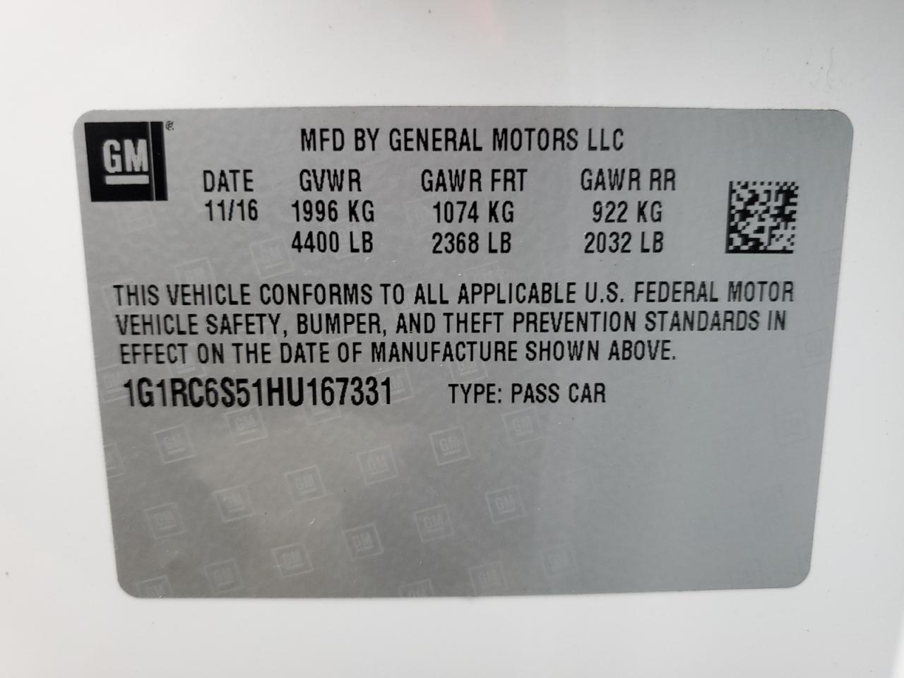 2017 Chevrolet Volt Lt VIN: 1G1RC6S51HU167331 Lot: 62540105