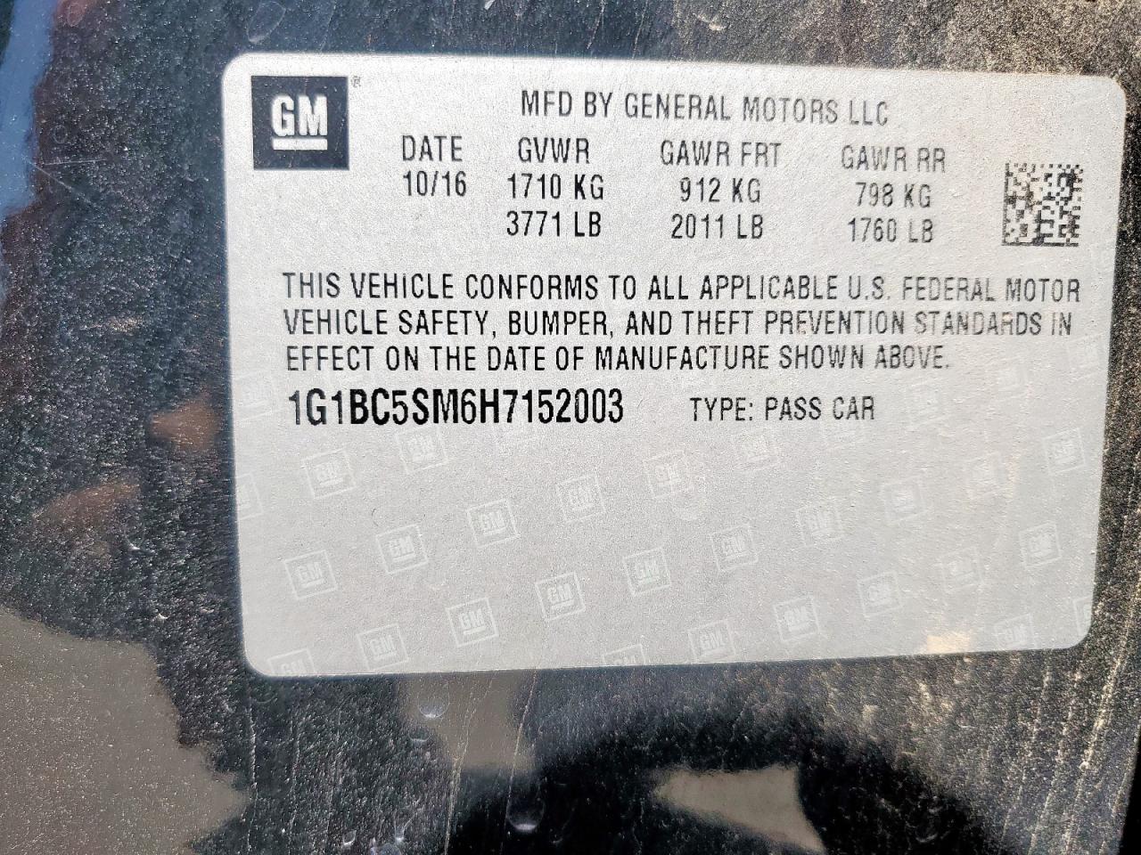 2017 Chevrolet Cruze Ls VIN: 1G1BC5SM6H7152003 Lot: 63100105
