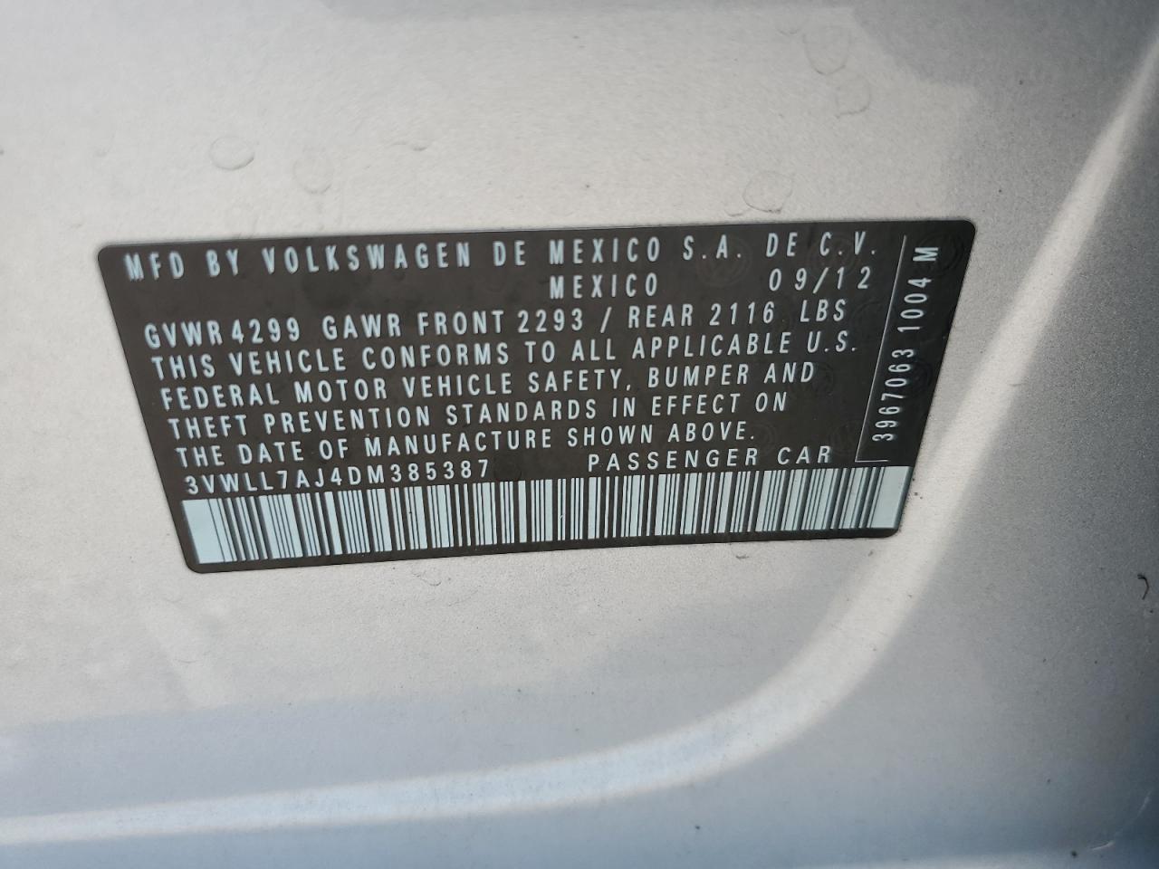 2013 Volkswagen Jetta Tdi VIN: 3VWLL7AJ4DM385387 Lot: 63132695