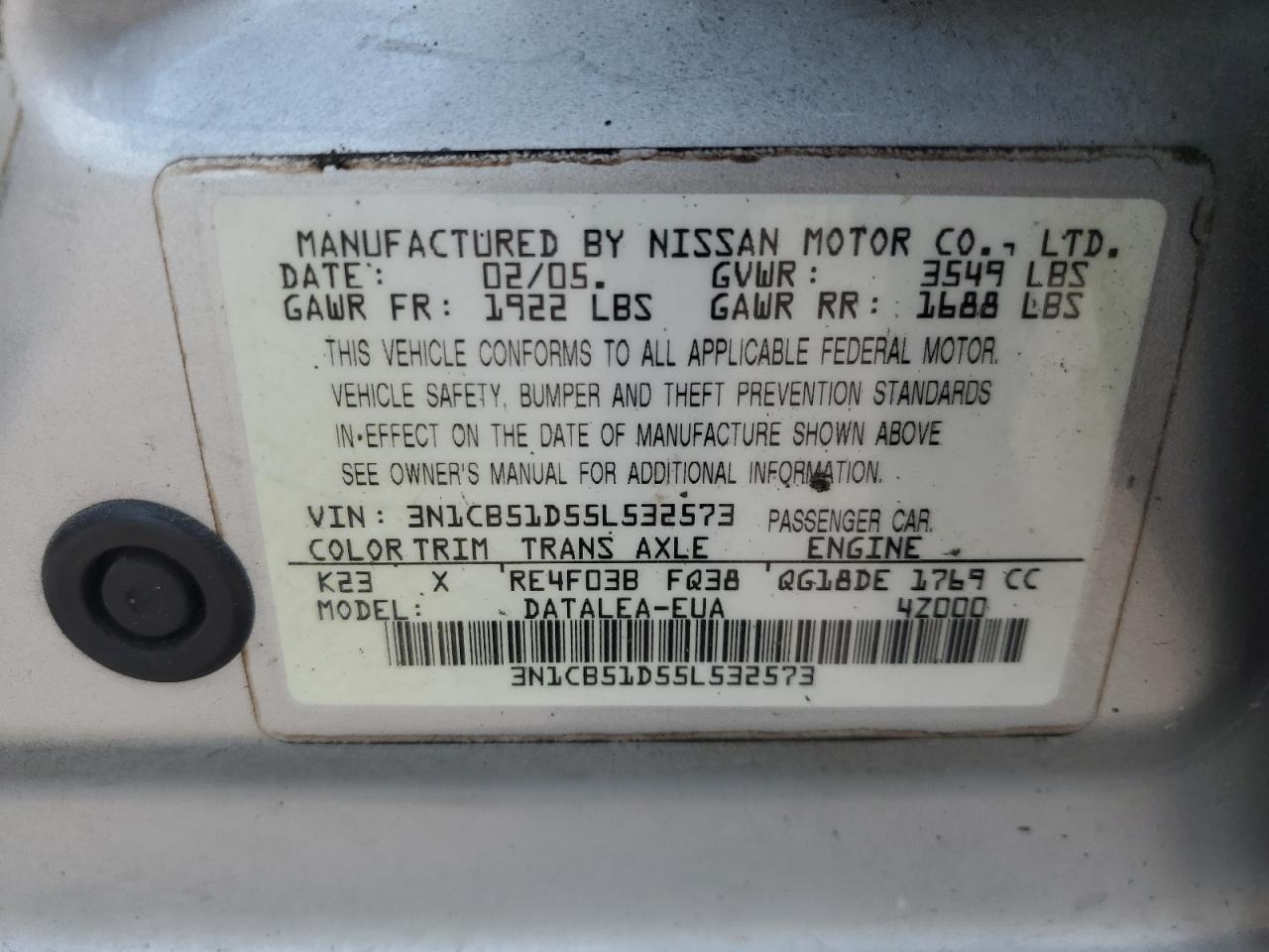 2005 Nissan Sentra 1.8 VIN: 3N1CB51D55L532573 Lot: 62557295