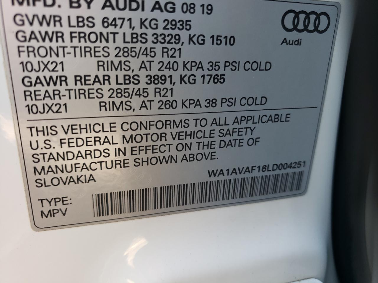 2020 Audi Q8 Premium VIN: 004251 Lot: 63154655