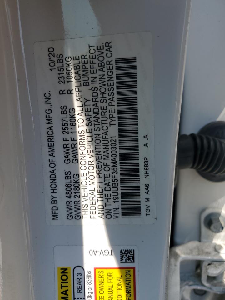 2021 Acura Tlx VIN: 19UUB5F35MA003021 Lot: 62296345