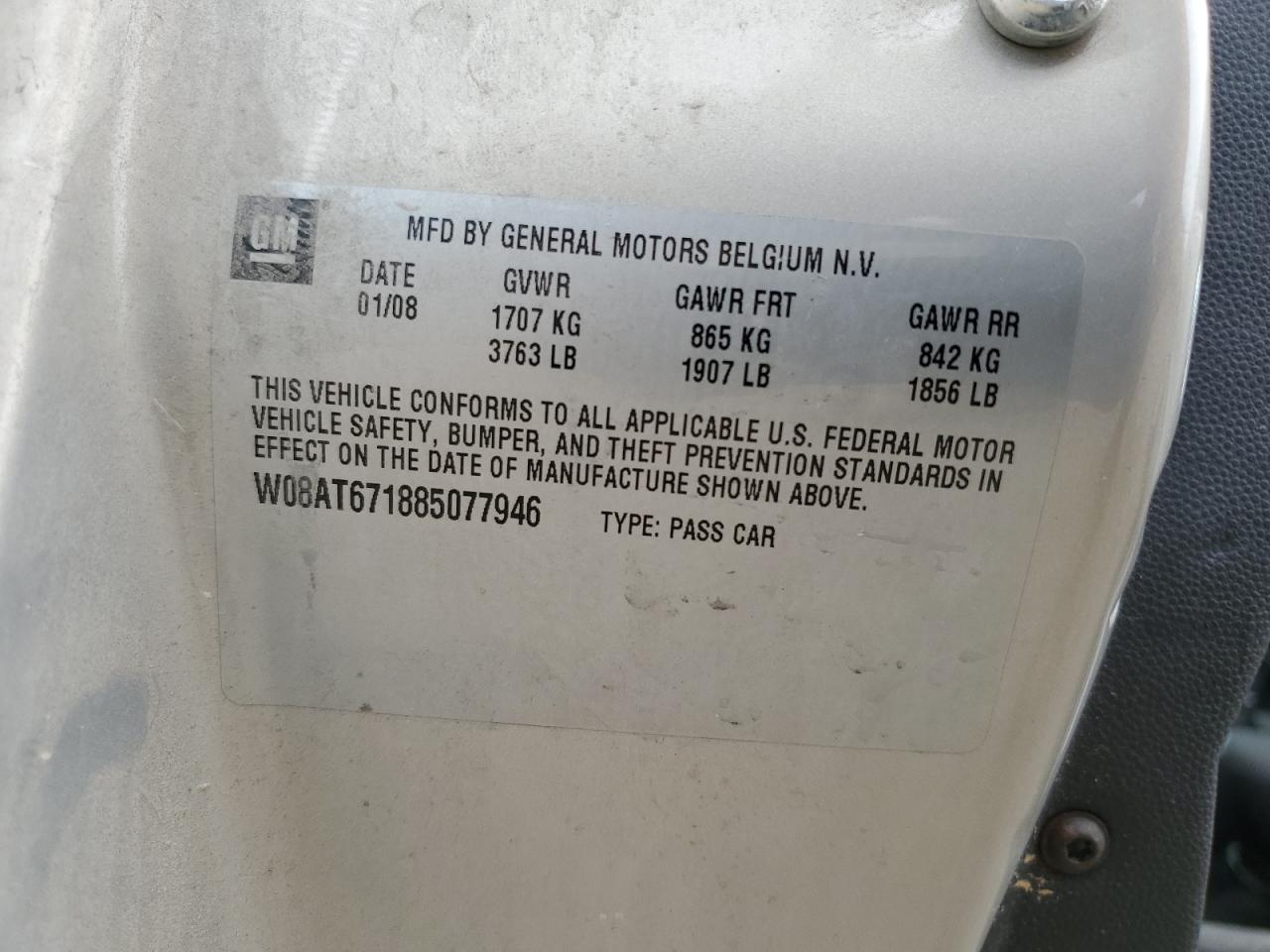 2008 Saturn Astra Xr VIN: W08AT671885077946 Lot: 61949225