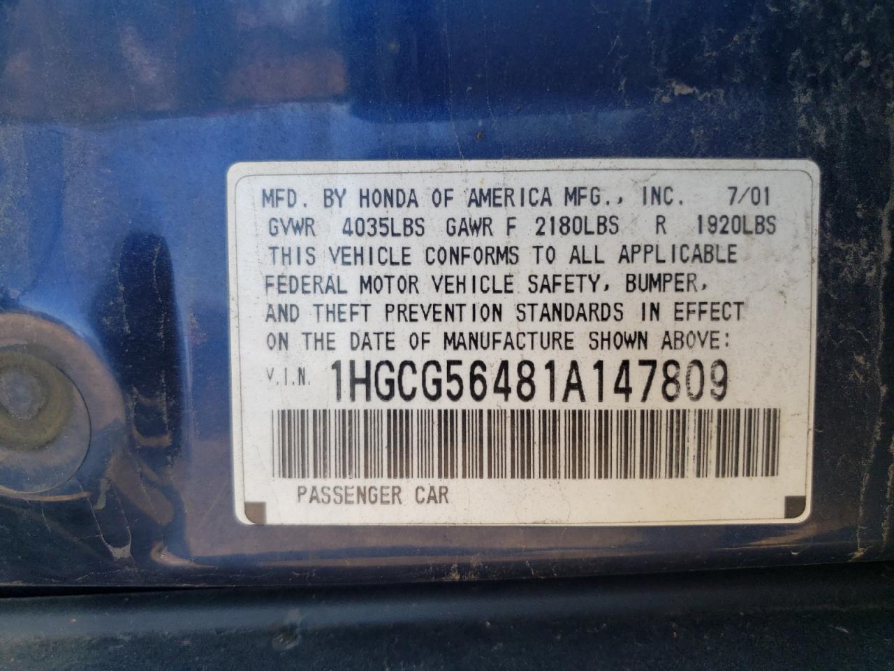 2001 Honda Accord Lx VIN: 1HGCG56481A147809 Lot: 61953025
