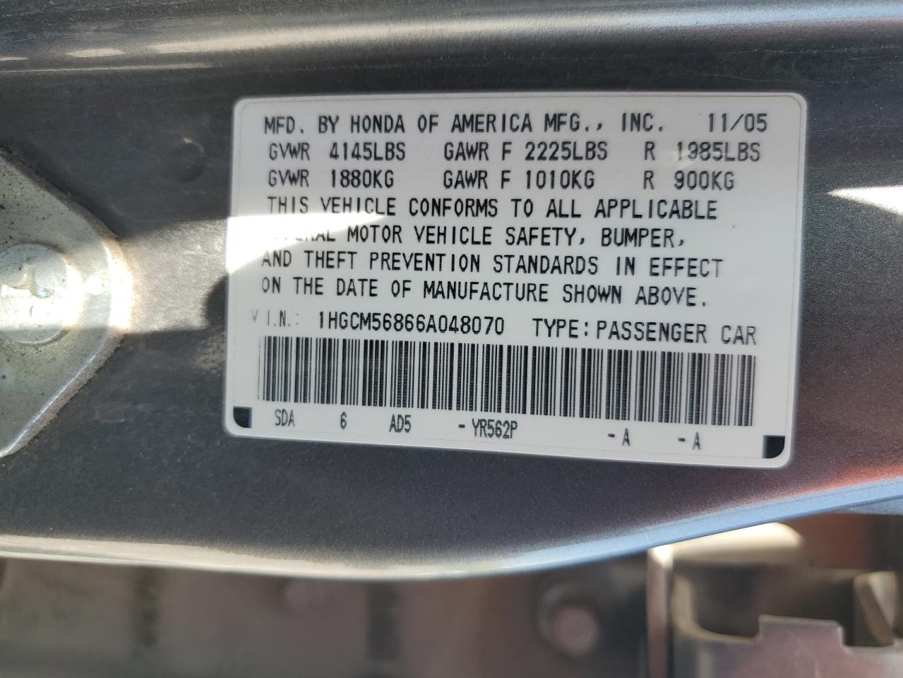 2006 Honda Accord Ex VIN: 1HGCM56866A048070 Lot: 62947445