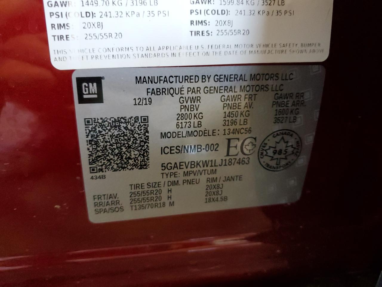 2020 Buick Enclave Premium VIN: 5GAEVBKW1LJ187463 Lot: 57280075