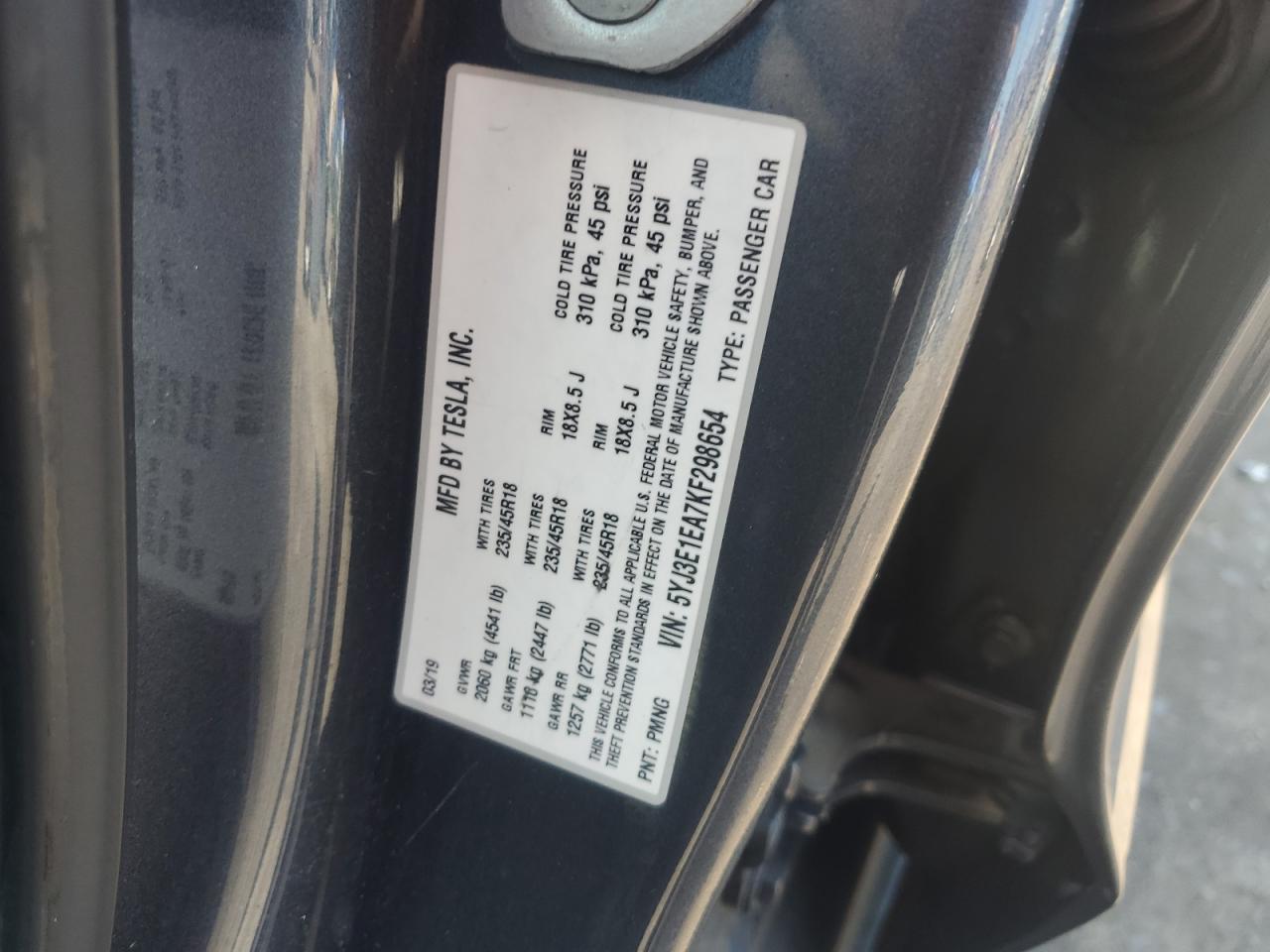 2019 Tesla Model 3 VIN: 5YJ3E1EA7KF298654 Lot: 60700455