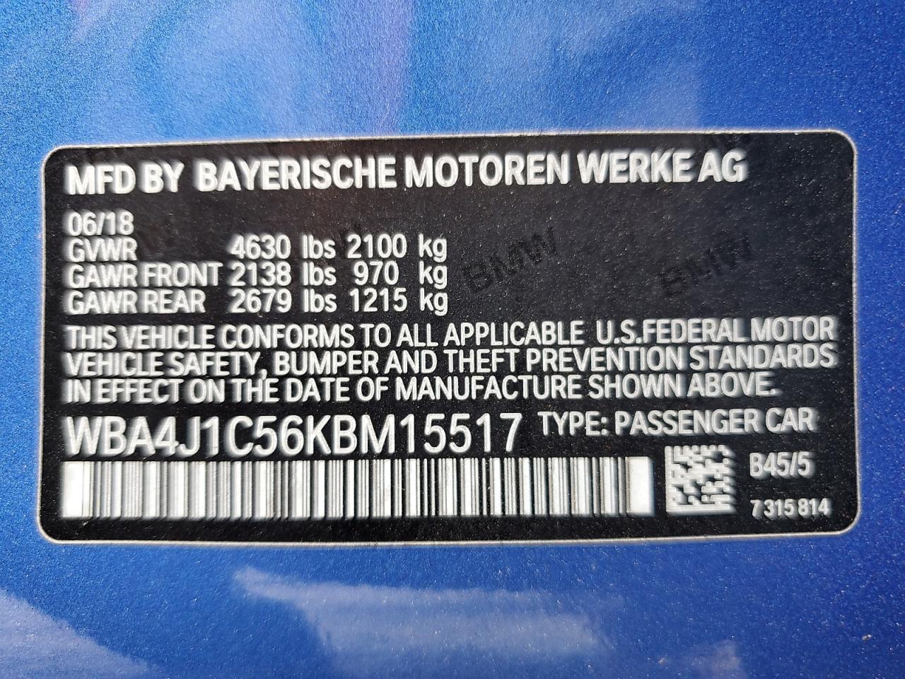 2019 BMW 430I Gran Coupe VIN: WBA4J1C56KBM15517 Lot: 60854265
