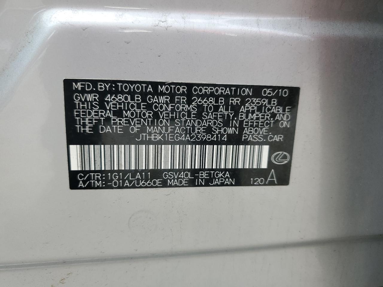 2010 Lexus Es 350 VIN: JTHBK1EG4A2398414 Lot: 62672135