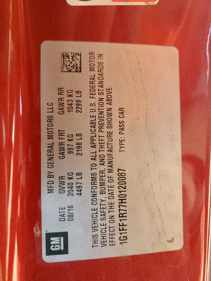 2017 Chevrolet Camaro Ss VIN: 1G1FF1R77H0120087 Lot: 61557595