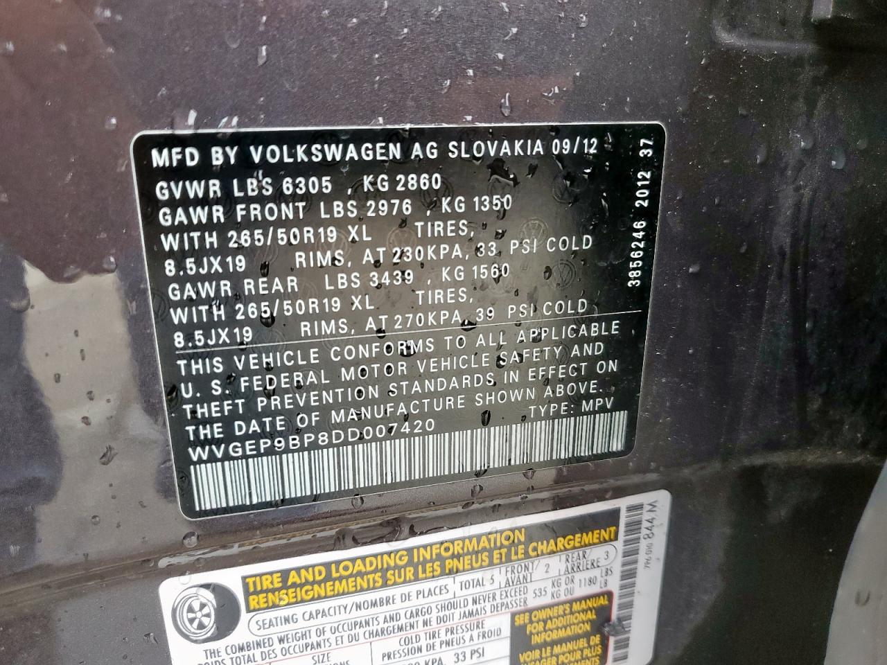 2013 Volkswagen Touareg V6 Tdi VIN: WVGEP9BP8DD007420 Lot: 59216895