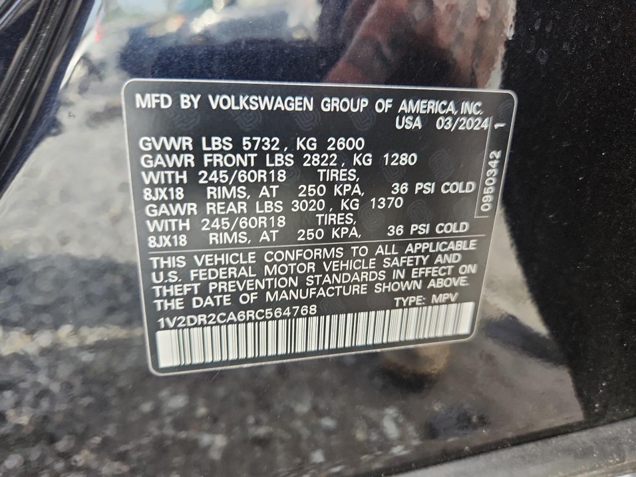 2024 Volkswagen Atlas Se VIN: 1V2DR2CA6RC564768 Lot: 59758975