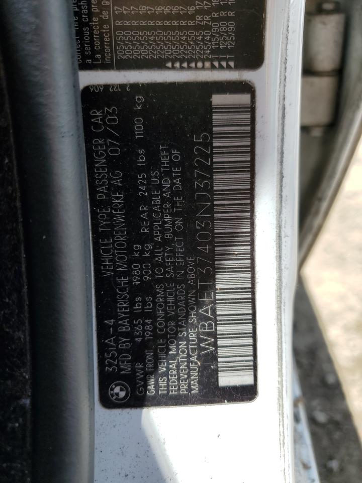 BMW 3 SERIES 2003 VIN WBAET37403NJ37225 photo 12