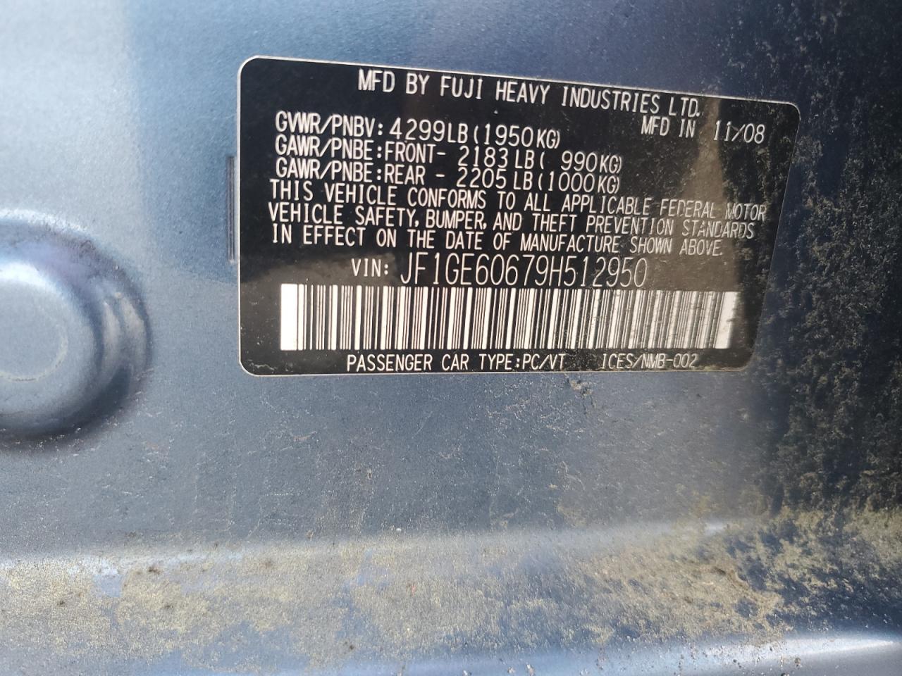 2009 Subaru Impreza 2.5I Premium VIN: JF1GE60679H512950 Lot: 60064385