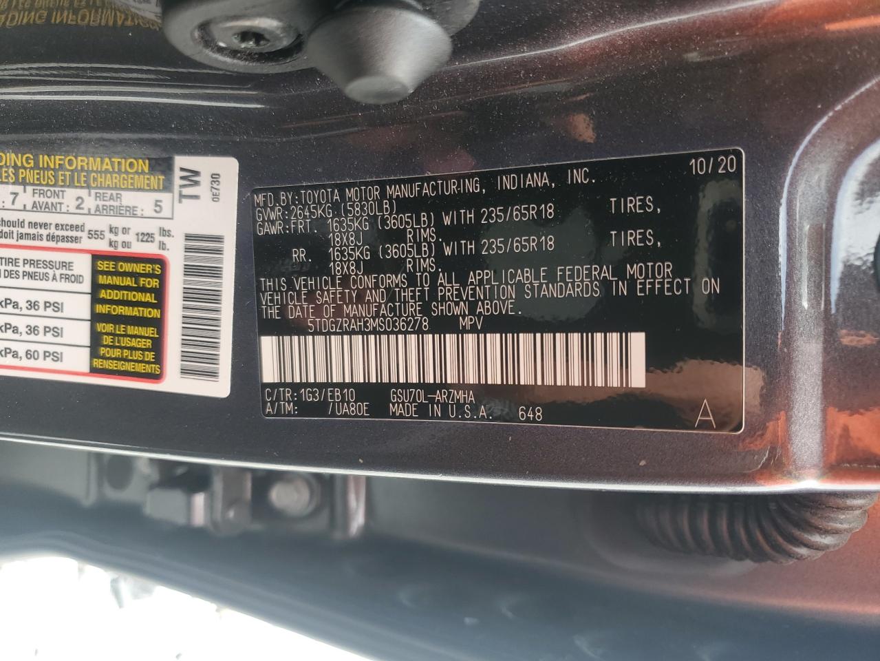 2021 Toyota Highlander Xle VIN: 5TDGZRAH3MS036278 Lot: 59612035