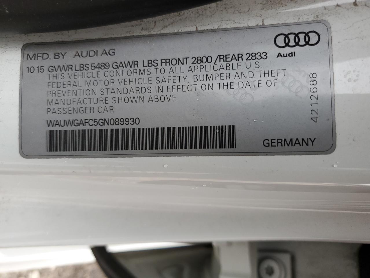 2016 Audi A7 Premium Plus VIN: WAUWGAFC5GN089930 Lot: 54896945
