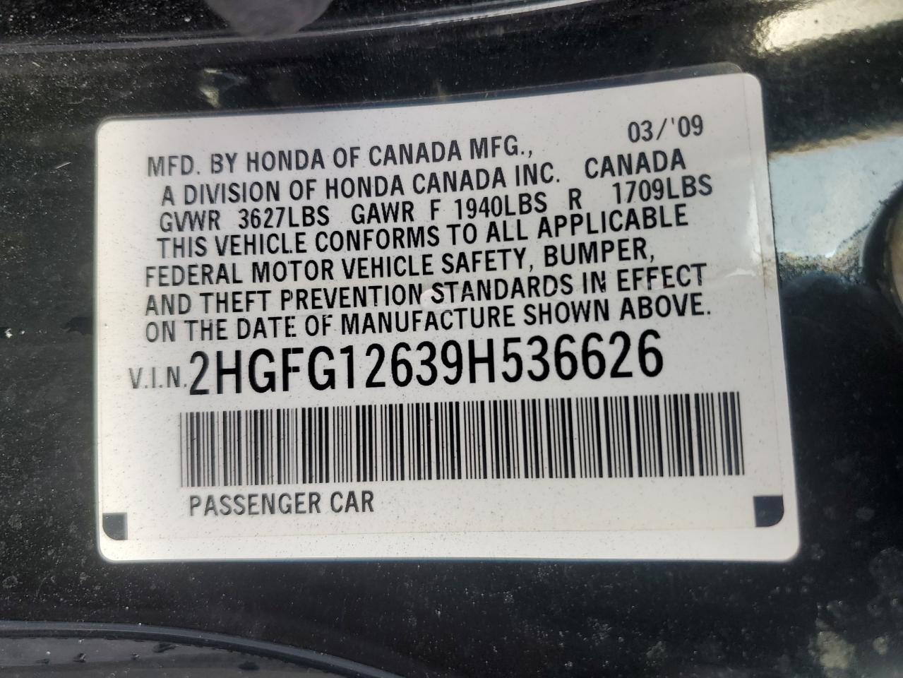 2009 Honda Civic Lx VIN: 2HGFG12639H536626 Lot: 62782835