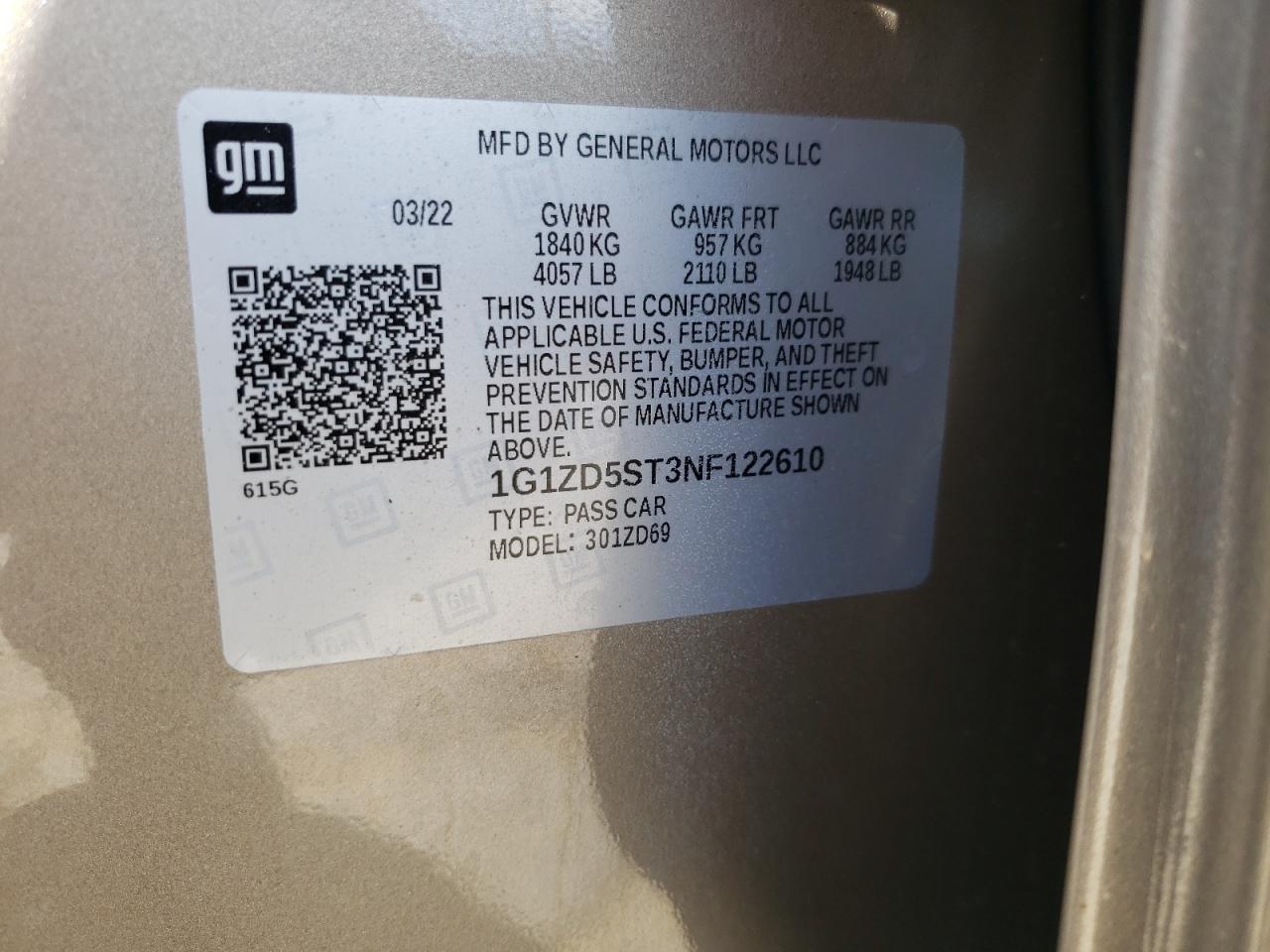 2022 Chevrolet Malibu Lt VIN: 1G1ZD5ST3NF122610 Lot: 62901835