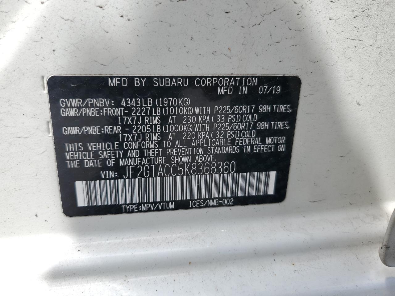 2019 Subaru Crosstrek Premium VIN: JF2GTACC5K8368360 Lot: 62151485