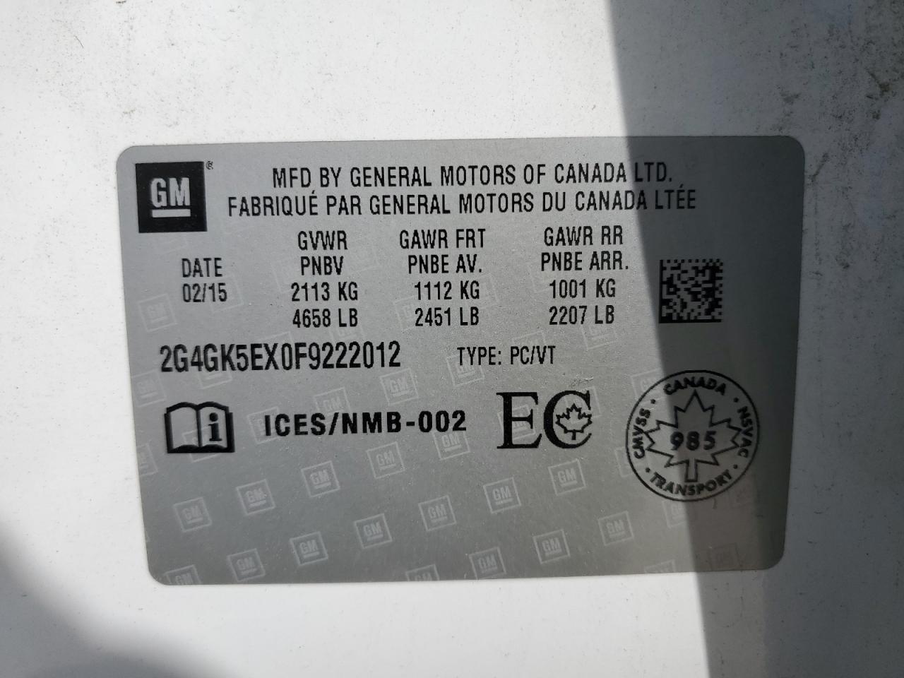 2015 Buick Regal VIN: 2G4GK5EX0F9222012 Lot: 62541365