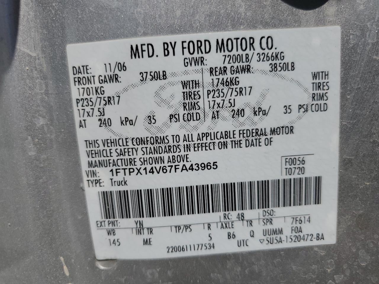FORD All Models 2007 VIN 1FTPX14V67FA43965 фото 12