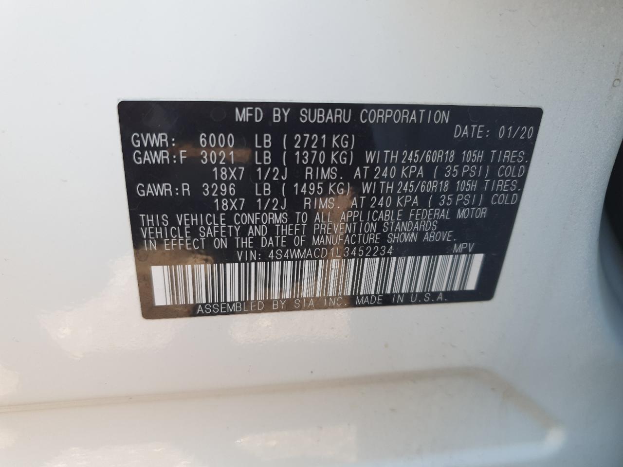 2020 Subaru Ascent Premium VIN: 4S4WMACD1L3452234 Lot: 61063515