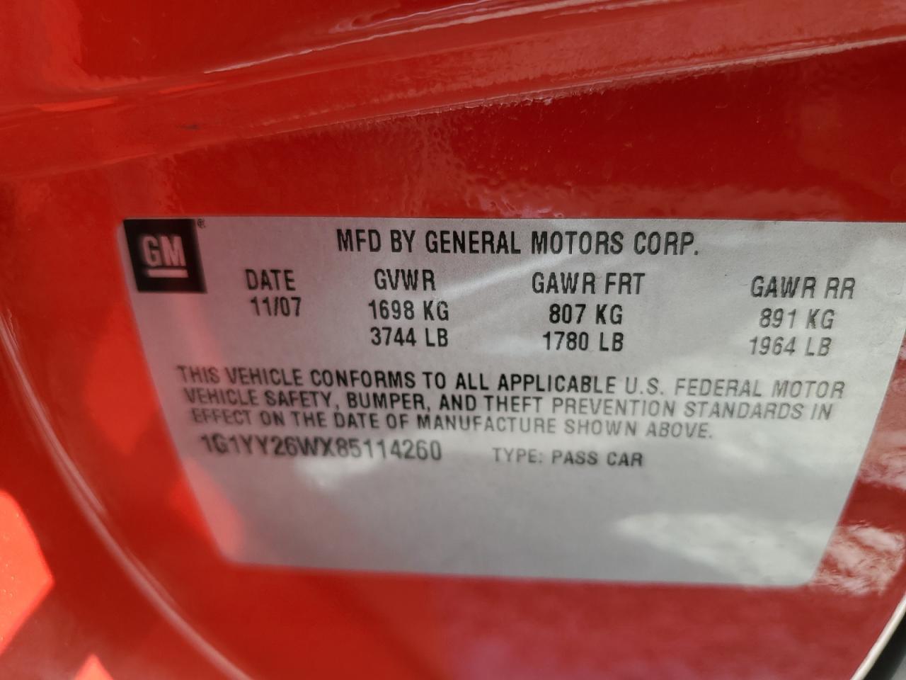 2008 Chevrolet Corvette VIN: 1G1YY26WX85114260 Lot: 61389395