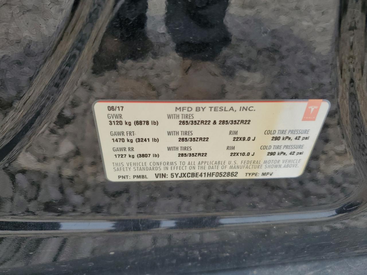 2017 Tesla Model X VIN: 5YJXCBE41HF052862 Lot: 61072485