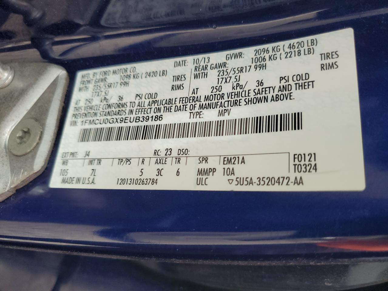 2014 Ford Escape Se VIN: 1FMCU0GX9EUB39186 Lot: 62533535
