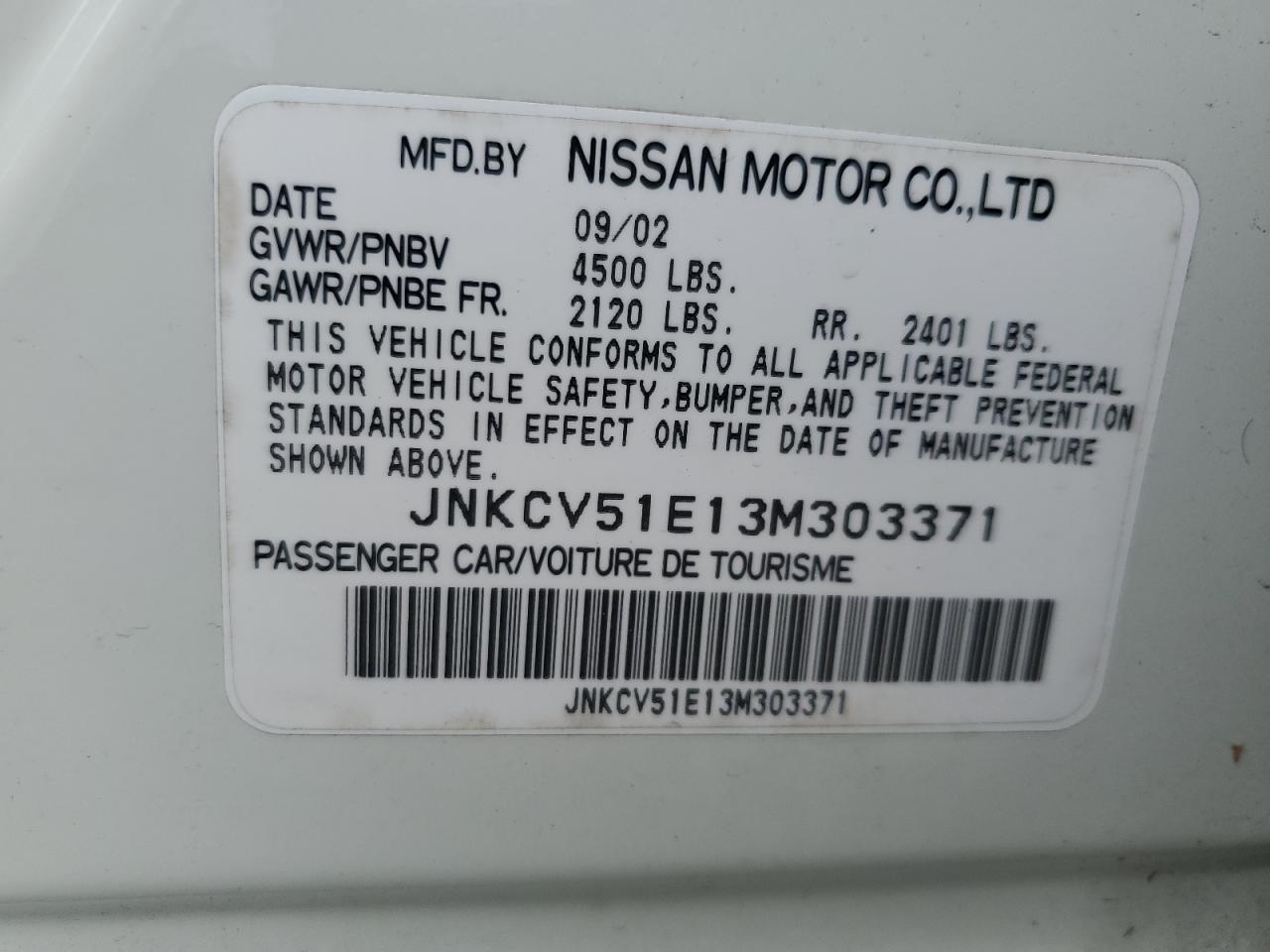 2003 Infiniti G35 VIN: JNKCV51E13M303371 Lot: 62046865