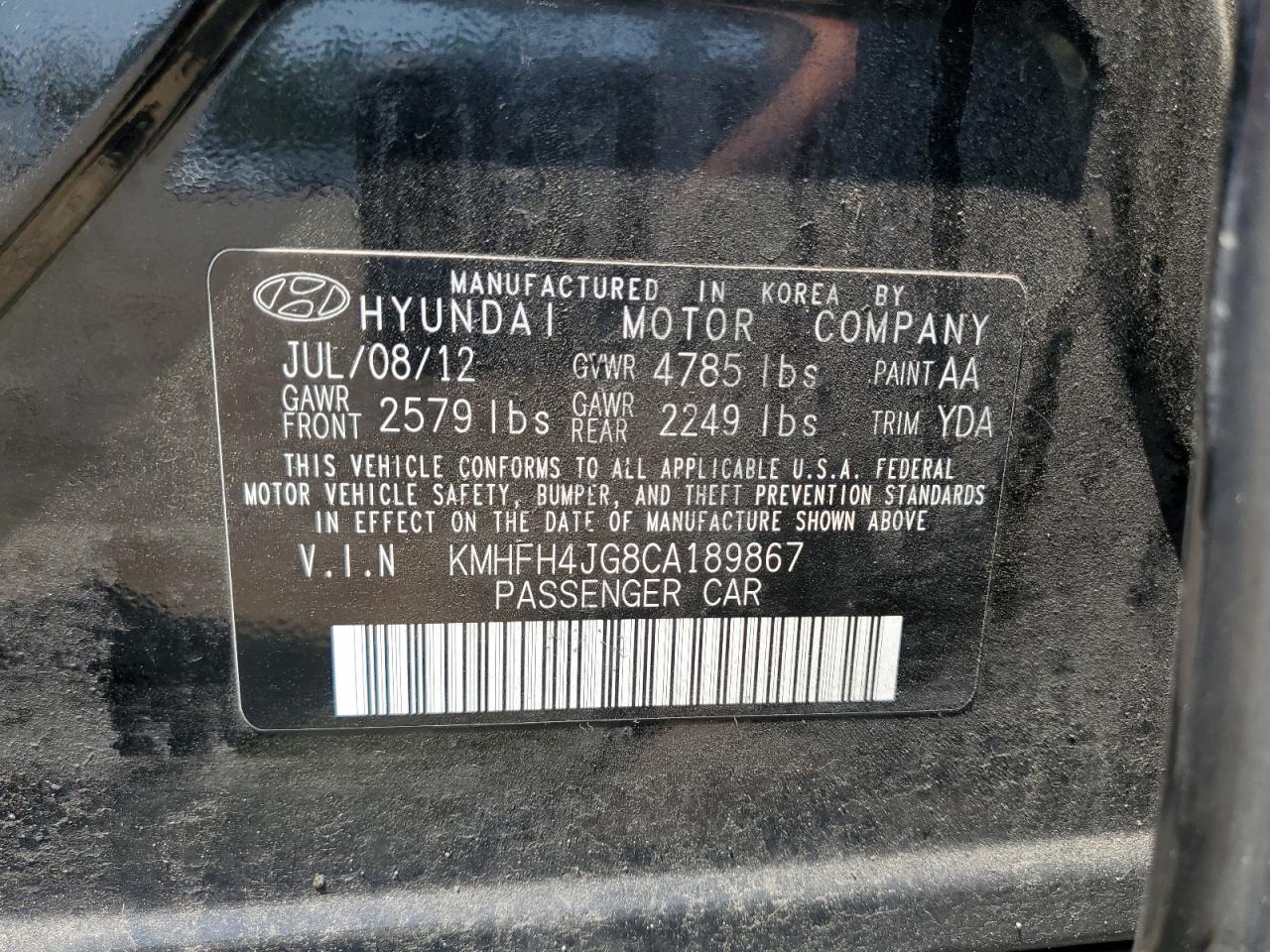 2012 Hyundai Azera Gls VIN: KMHFH4JG8CA189867 Lot: 60274125